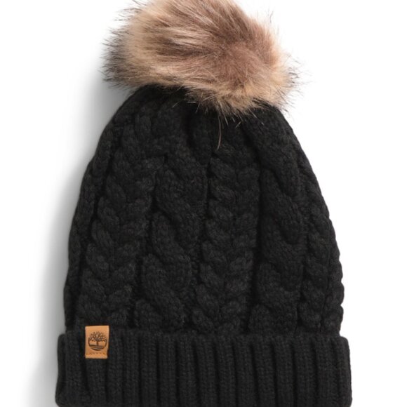 NEW TIMBERLAND Cable Knit Beanie With Pom And Ribbed Cuff Cameo black 162mn - Picture 2 of 5